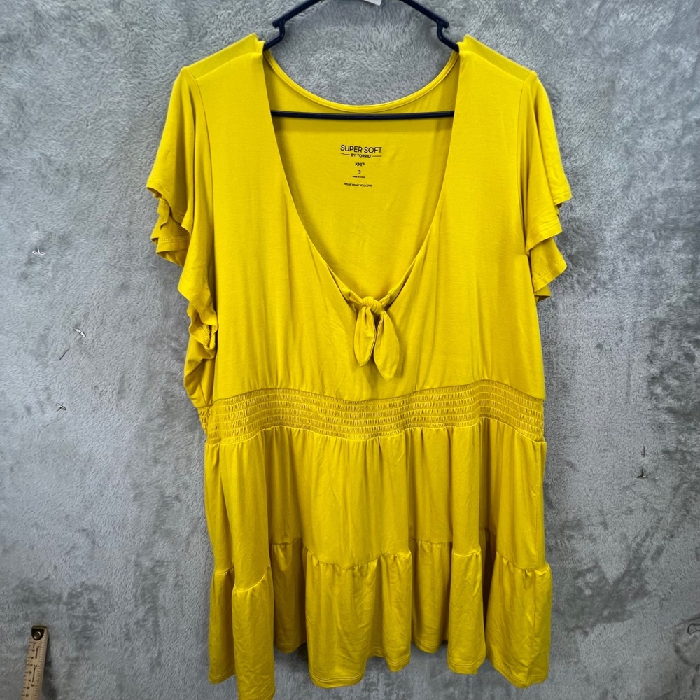 Torrid Super Soft Mustard Yellow Babydoll Tunic Top Tie Front Tiered Size 3 3X
